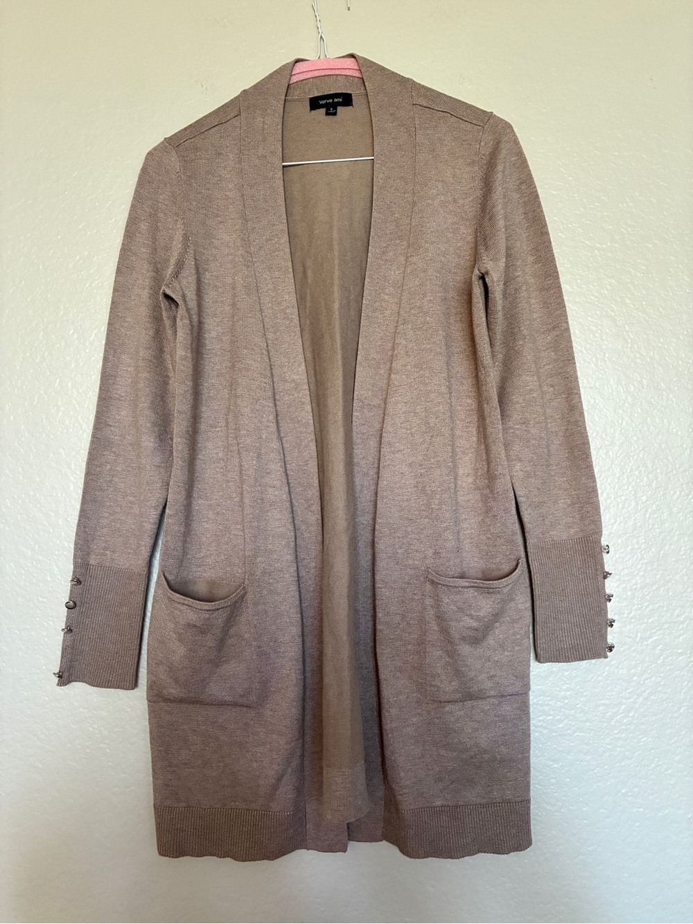 Verve Amí Taupe Open Front Longline Duster Cardigan Button Cuff Pockets Size S